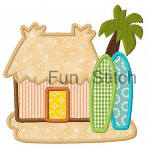 May include: A brown and tan thatched roof hut with a yellow door and a striped wall. Two surfboards, one green and white and one blue and white, stand next to the hut. A green palm tree with a brown trunk is behind the surfboards.