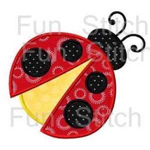 May include: A red ladybug design with black spots and a yellow underbelly. The ladybug has a detailed embroidered pattern and is set against a white background. The word "Fun Stitch" is visible in the image.