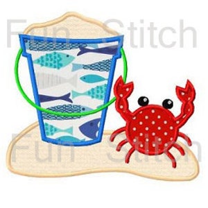 Crab beach bucket applique machine embroidery design instant download