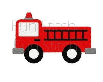 May include: A red fire truck with a black ladder, white wheels, and a gray bumper. The truck has a white light on top.