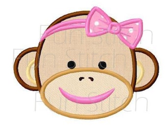 Sock monkey girl applique machine embroidery design instant download