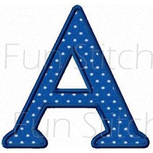 May include: Blue felt letter A with white polka dots. The letter is outlined in a darker blue.