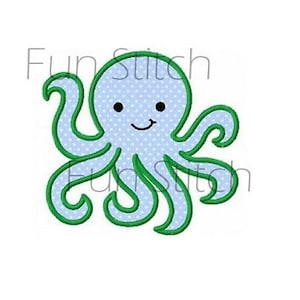 May include: A blue and green cartoon octopus with a white polka dot pattern. The octopus has a smiling face and eight tentacles.