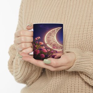 Celestial Floral Ceramic Mug, Moon Design, Inspirational Gift, Coffee Lover Mug, Night Sky Aesthetic