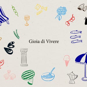 Gioia di Vivera: Skurrile Hand-Gezeichnete Italienische Sommer Hochzeit Dinner Party Clip Art