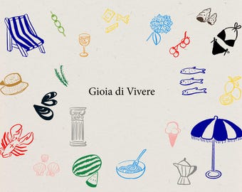 Gioia di Vivera: Whimsical Hand-Drawn Italian Summer Wedding Dinner Party Clip Art