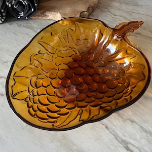 Vintage 1970s Amber Indiana Carnival Glass Fruit Bowl | Grape Design | Iridescent Mid-Century Centerpiece