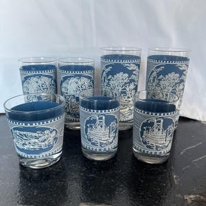 Vintage Set of 7 Currier & Ives Frosted Glass Tumblers – Scenic Americana Drinkware