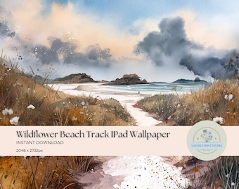 Fondo de pantalla para iPad con sendero de playa de flores silvestres, arte digital en acuarela (descarga instantánea)