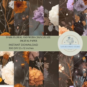 May include: Digital paper set with dark floral and web designs in chocolate tones. The collection includes various floral arrangements in shades of orange, purple, and white, with a touch of spiderwebs. Each paper measures 30.48 x 30.48 cm.