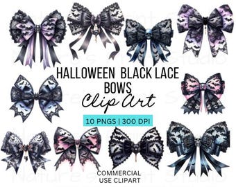 Halloween Black Lace Bows Clipart, Gothic PNG (Digital Download)