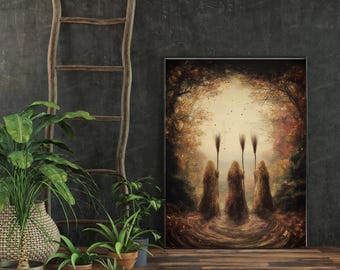 Forest Witches Art Print, Vintage Halloween Decor (Digital Download)