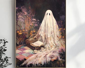 Spooky Halloween Ghost Picnic, Floral Printable Art (Digital Download)