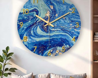 Blue Marble Style Glass Wall Clock, Silent Quartz Movement