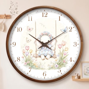 Swinging Elephant Wall Clock, Pastel Tulip Nursery Decor
