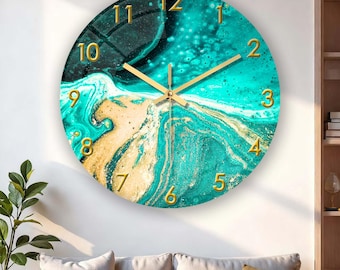Gilded Blue Marble Glass Wall Clock, Handmade Textured Clock