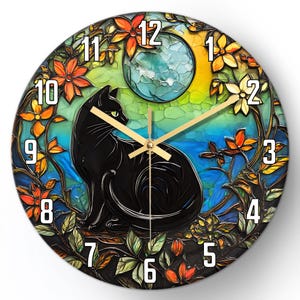 Kitchen Clocks Wall Decorative,Black Cat Night Wall Clock, Classroom Clocks for Teachers,Bohemian Animal Clock,Creative Painted Art Wall