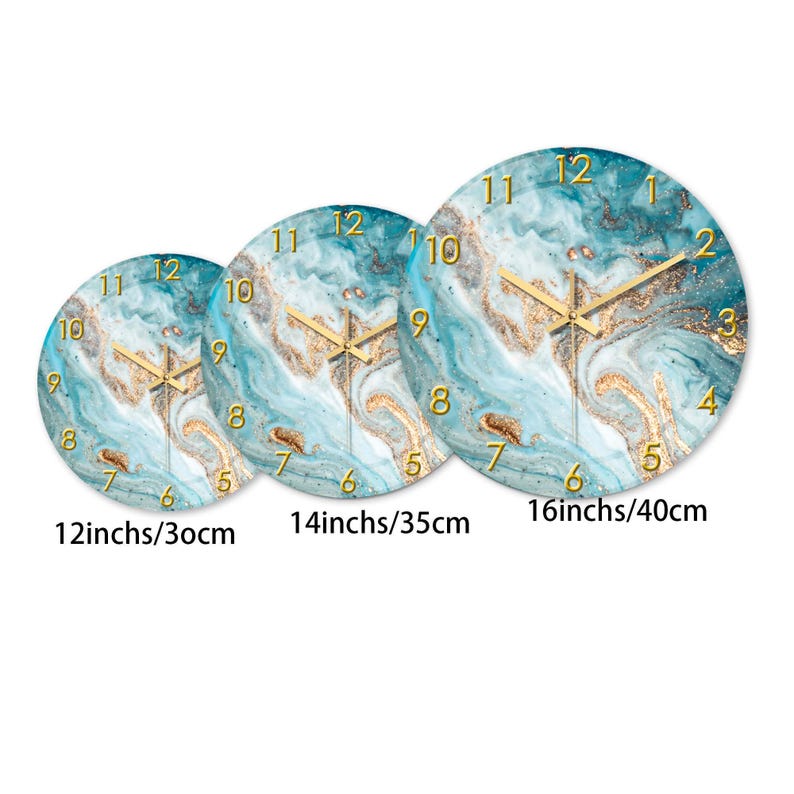 May include: Three round wall clocks with a blue and gold marble design. The clocks are 12 inches, 14 inches, and 16 inches in diameter. Each clock has gold hands and numerals.