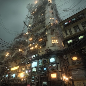 Puede incluir: Un paisaje urbano distópico con un edificio imponente cubierto de cables, televisores antiguos y ventanas iluminadas. La arquitectura es una mezcla de industrial y residencial, con un cielo oscuro y nublado.