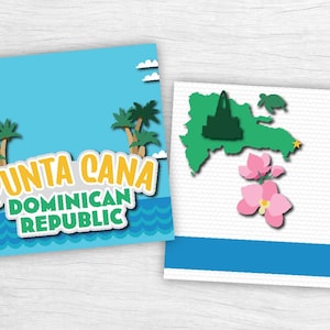 May include: Two square cards with a travel theme. One card has the text "PUNTA CANA DOMINICAN REPUBLIC" with palm trees and waves. The other card features a green map of the Dominican Republic with a turtle and pink flowers.