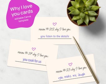 Reasons I Love You Printable Cards | Romantic DIY Gift for Boyfriend, Girlfriend, Spouse | Anniversary or Valentine’s Idea