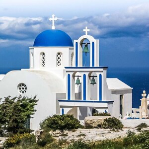 Santorini Wall Art, Landscape Poster, Greece Holiday, Blue and White Travel Photography Print