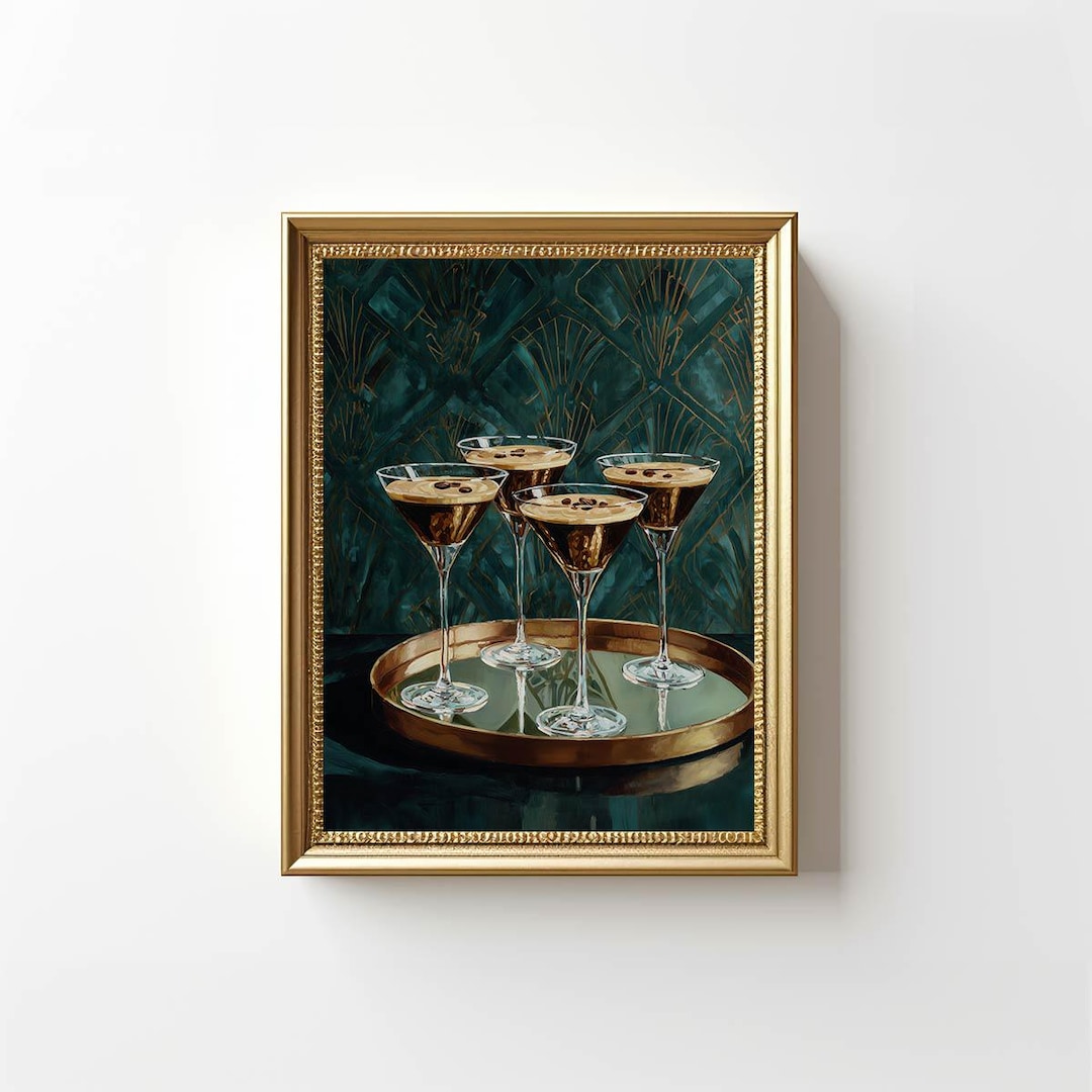 Espresso Martini Wall Art | Vintage Oil Painting Style | Dark Green Bar Print | Still Life Cocktail Poster | Elegant Bar Cart Decor