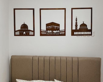 The Three Holy Mosques Wood Wall Art | Kaaba Nabawi Al-Aqsa 3D Plaque | Islamic Home Decor | Muslim Housewarming Gift | Modern Masjid Sign