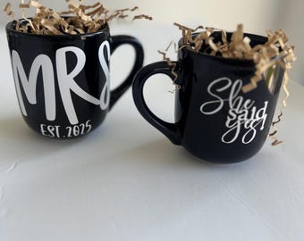 Personalised Engagement Mugs, Couple Engagement Present, Happy Engagement Gift, He Asked, She Said Yes, Set of Couple Engagement Mugs