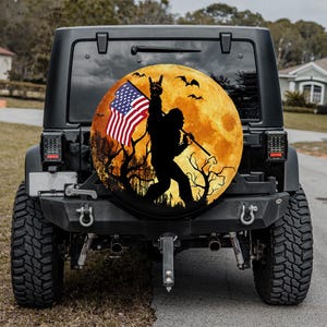 Bigfoot American Flag Bigfoot Halloween Spare Tire Cover With or Without Camera Hole, Off Road Vehicles, Full Moon Bigfoot Tire Cover