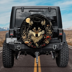 Black Wolf Full Moon Boho Floral Mystical Spare Tire Cover With or Without Camera Hole, Off Road Vehicles, Camping Gift, Waterproof Outdoor