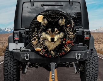 Wolf Full Moon Spare Tire Cover, Boho Floral, Waterproof Outdoor
