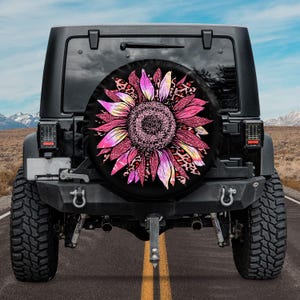 Glitter Effect Pink Leopard Sunflower Spare Tire Cover With or Without Camera Hole, Off Road Vehicles, Car Accessories, RVs and Campers