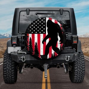 Bigfoot Walking 4th of July American USA Flag Patriotic Spare Tire Cover With or Without Camera Hole, Off Road Vehicles, Camping Gift