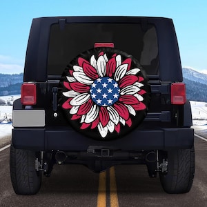Sunflower American Flag Pattern Patriotic 4th Of July Spare Tire Cover With or Without Camera Hole, Off Road Vehicles, Car Accessories