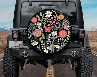 Floral Spare Tire Cover, Faux Embroidery Design, SUV Camper Van Accessory