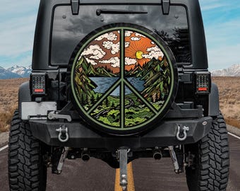 Peace Sign Mountain View Spare Tire Cover, Hippie Floral Car Accessory