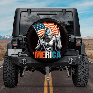 Bigfoot Merica Rock American Flag Patriotic 4th Of July Spare Tire Cover With or Without Camera Hole, Off Road Vehicles, Camping Gift
