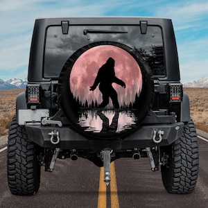 Bigfoot Moon Graphic Night Forest Spare Tire Cover With or Without Camera Hole, Off Road Vehicles, Camping Gift, Halloween Full Moon Decor