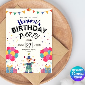 Invitación de cumpleaños editable / Fiesta de payasos de circo / Plantilla gratuita de Canva / Descarga digital / Invitación de cumpleaños infantil / Descarga instantánea