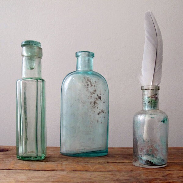 Antique Aqua Bottle Collection, Set of Three