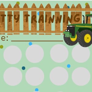 Peut inclure: Un tableau d'apprentissage de la propreté avec un fond vert, une clôture marron et un tracteur vert. Les mots "POTTY TRAINING" sont en haut. Il y a un espace pour écrire un nom et plusieurs cercles pour suivre les progrès.