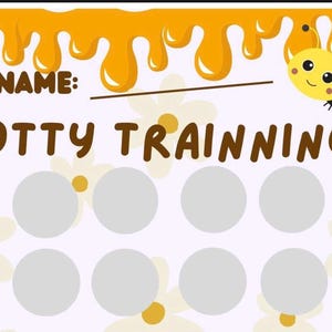 Può includere: Un grafico di allenamento per il vasino bianco e giallo con un'ape e dei fiori. Il grafico ha uno spazio per un nome e 8 cerchi da colorare.