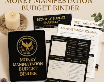 Può includere: Un raccoglitore nero per il budget di manifestazione di denaro con scritte dorate e un'emblema dorato. Il raccoglitore è circondato da pagine di pianificazione del budget, una candela e cristalli. Il testo sul raccoglitore recita "Sincerely Abundant" e "Money Manifestation Budget Binder."