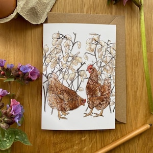 Hens and Honesty Seeds Greetings Card,Hen Card, Chicken Card. image 1