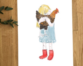 Hen Hugs, an A4 Art Print featuring a little girl and her pet hen