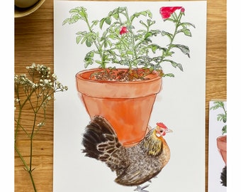 Dutch Bantam Chicken Art Print, Hen Art Print,