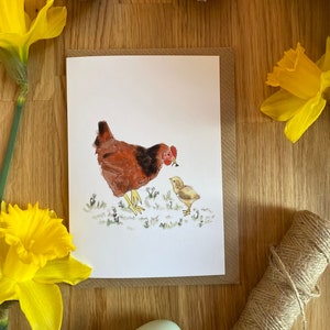 Buff Sussex Hen and Chick Biglietto di auguri, biglietto mamma chioccia, biglietto gallina, biglietto a tema pollo, biglietto di Pasqua, biglietto di primavera