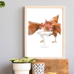 May include: A watercolor illustration of four brown chickens drinking from a martini glass. The chickens are drawn in a cartoon style with their heads tilted back as they drink.
