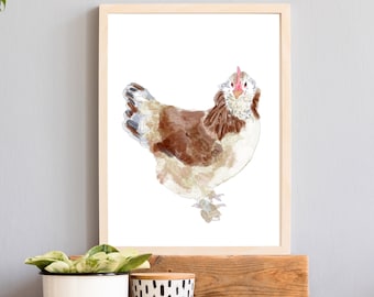 May include: A watercolor illustration of a brown and white chicken with a pink comb and wattle. The chicken is standing on one leg and looking at the viewer.